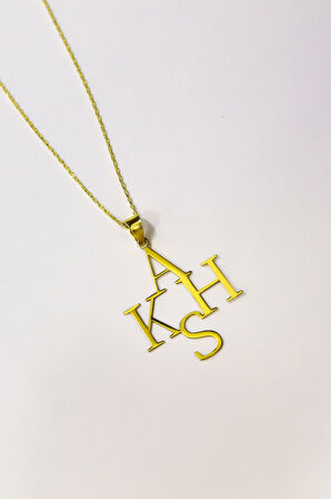 925 Ayar Gümüş Gold Kaplama Çoklu, Dört Harf Plaka Kolye