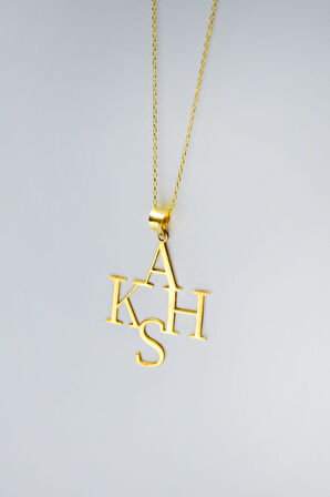 925 Ayar Gümüş Gold Kaplama Çoklu, Dört Harf Plaka Kolye