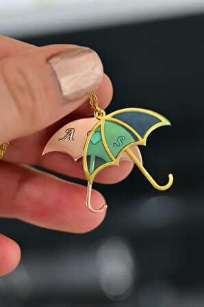 925 Ayar Gümüş Gold-Rose Kaplama Rüya Serisi Cam Boyalı Harfli Şemsiye Kolye