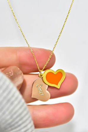 925 Ayar Gümüş Gold-Rose Kaplama Rüya Serisi Cam Boyalı İsimli Kalp Kolye