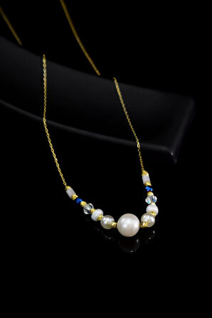 925 Ayar Gümüş Gold Kaplama Dorika Toplu , Incili Ve Boncuklu Kolye