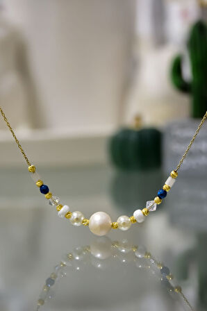 925 Ayar Gümüş Gold Kaplama Dorika Toplu , Incili Ve Boncuklu Kolye