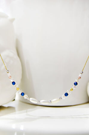 925 Ayar Gümüş Gold Kaplama Elips Incili, Lacivert Kare Boncuklu Kolye