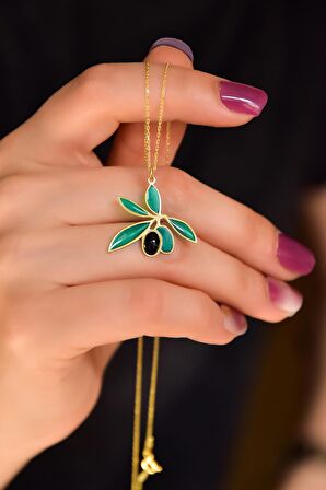 925 Ayar Gümüş Altın Kaplama Oniks Taşlı Zeytin Dalı Kolye