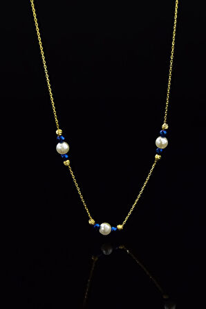 925 Ayar Gümüş Gold Kaplama Lacivert Boncuklu Dorika Toplu , Incili Kolye