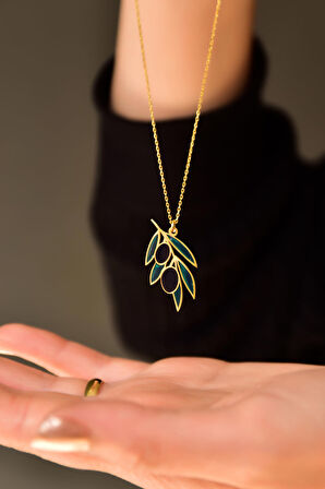 925 Ayar Gümüş Gold Kaplama Özel Tasarım Zeytin Dalı Kolye