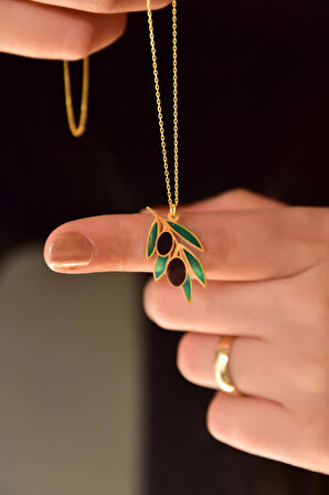 925 Ayar Gümüş Gold Kaplama Özel Tasarım Zeytin Dalı Kolye