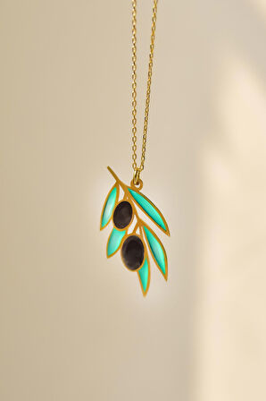 925 Ayar Gümüş Gold Kaplama Özel Tasarım Zeytin Dalı Kolye