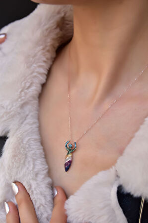 925 Ayar Gümüş Rose Kaplama Zirkon Renkli Taşlı Artemis Kolye