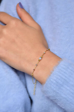 925 Ayar Gümüş Üç Renk Kaplama Dorika Toplu Incili Kadın Bileklik Uvpts200001