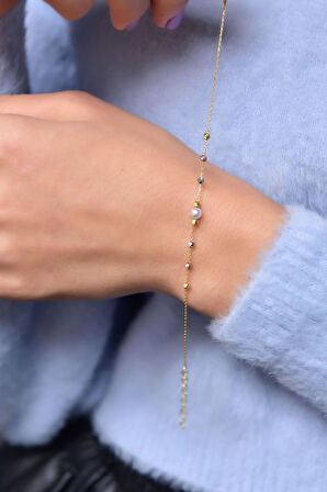 925 Ayar Gümüş Üç Renk Kaplama Dorika Toplu Incili Kadın Bileklik Uvpts200001