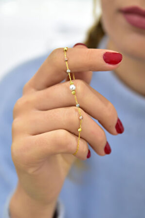 925 Ayar Gümüş Üç Renk Kaplama Dorika Toplu Incili Kadın Bileklik Uvpts200001