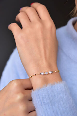 925 Ayar Gümüş Üç Renk Kaplama Dorika Toplu Üç Incili Kadın Bileklik Uvpts200003