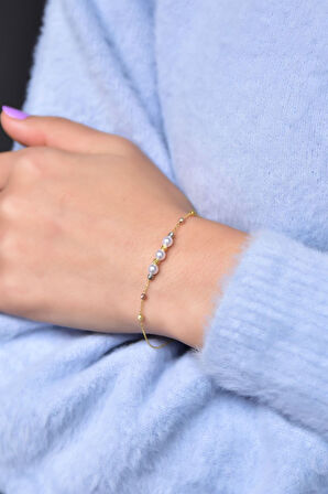 925 Ayar Gümüş Üç Renk Kaplama Dorika Toplu Üç Incili Kadın Bileklik Uvpts200003