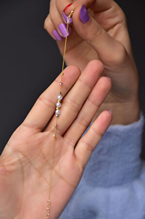 925 Ayar Gümüş Üç Renk Kaplama Dorika Toplu Üç Incili Kadın Bileklik Uvpts200003