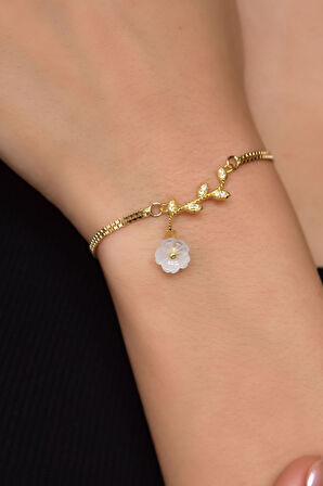 925 Ayar Gümüş Gold Kaplama Zirkon Taşlı Sedef Manolya Çiçeği Bileklik