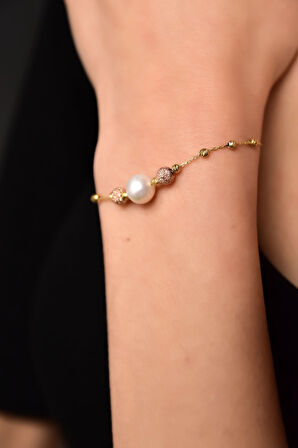 925 Ayar Gümüş Rose-gold Kaplama Inci Simli Dorika Toplu Bileklik