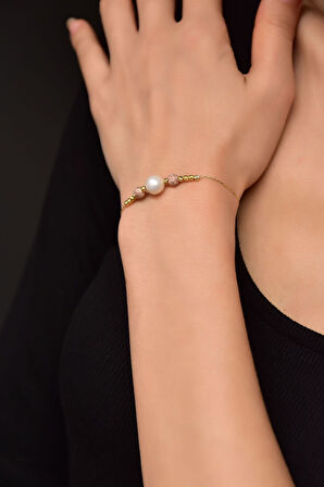 925 Ayar Gümüş Gold Kaplama Dorika Toplu Simli Inci Taşlı Bileklik