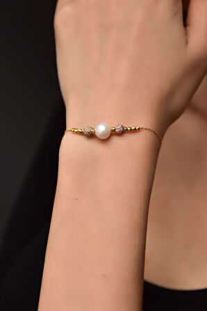 925 Ayar Gümüş Gold Kaplama Dorika Toplu Simli Inci Taşlı Bileklik