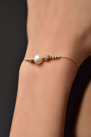 925 Ayar Gümüş Gold Kaplama Dorika Toplu Simli Inci Taşlı Bileklik
