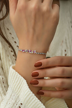 925 Ayar Gümüş Rodyum Kaplama Renkli Baget Taşlı Bileklik