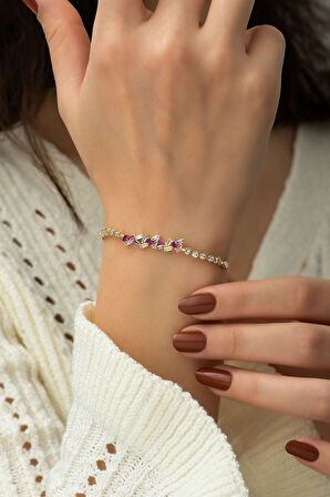 925 Ayar Gümüş Gold Kaplama Renkli Baget Taşlı Bileklik