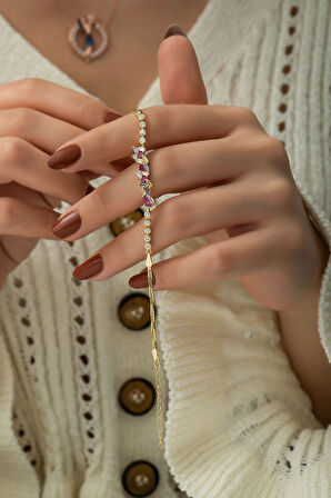 925 Ayar Gümüş Gold Kaplama Renkli Baget Taşlı Bileklik