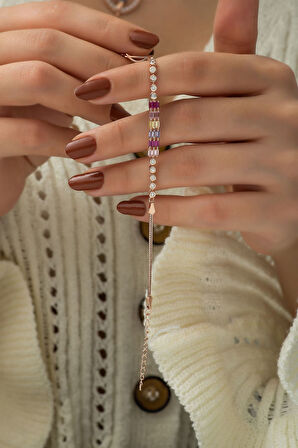 925 Ayar Gümüş Rose Kaplama Renkli Baget Üç Sıra Taşlı Su Yolu Bileklik