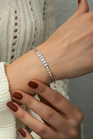 925 Ayar Gümüş Rodyum Kaplama Zirkon Taşlı Baget Üç Sıra Taşlı Su Yolu Bileklik