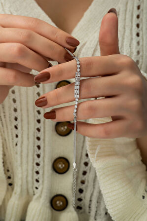 925 Ayar Gümüş Rodyum Kaplama Zirkon Taşlı Baget Üç Sıra Taşlı Su Yolu Bileklik