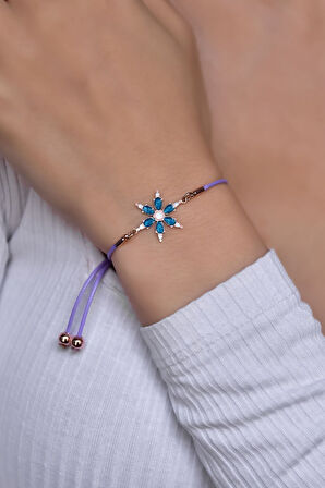 925 Ayar Gümüş Rose Kaplama Mavi Sedef Mineli Lila Ipli Asansörlü Bileklik
