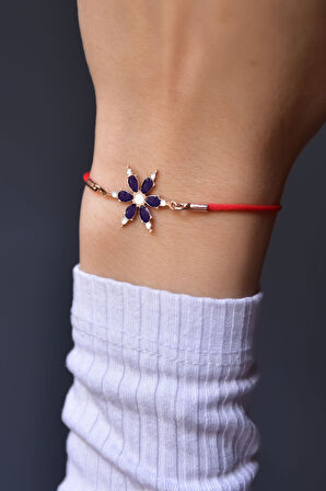 925 Ayar Gümüş Rose Kaplama Mor Sedef Mineli Kırmızı Ipli Asansörlü Bileklik