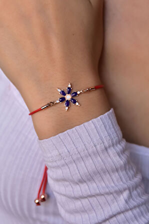 925 Ayar Gümüş Rose Kaplama Mor Sedef Mineli Kırmızı Ipli Asansörlü Bileklik