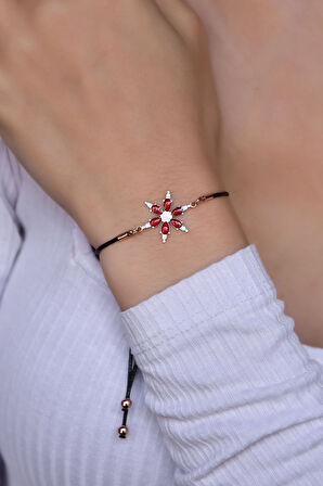 925 Ayar Gümüş Rose Kaplama Kırmızı Sedef Mineli Siyah Ipli Asansörlü Bileklik