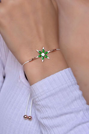 925 Ayar Gümüş Rose Kaplama Yeşil Sedef Mineli Beyaz Ipli Asansörlü Bileklik