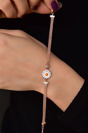 925 Ayar Gümüş Rose Kaplama Top Zincirli Mineli Papatya Bileklik