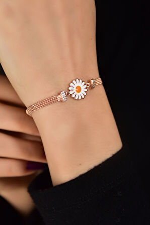 925 Ayar Gümüş Rose Kaplama Top Zincirli Mineli Papatya Bileklik