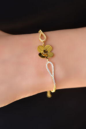 925 Ayar Gümüş Gold Kaplama Kasım Doğum Taşlı Şans Dört Yapraklı Yonca Bileklik