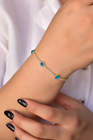 925 Ayar Gümüş Gold Kaplama Su Yolu Cam Göz Nazar Bileklik