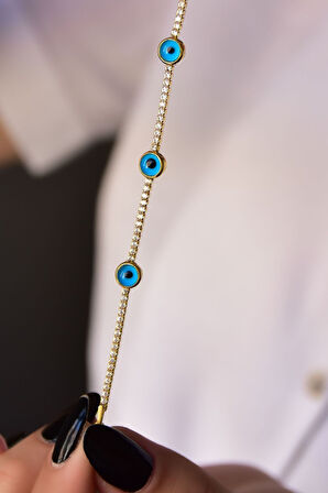 925 Ayar Gümüş Gold Kaplama Su Yolu Cam Göz Nazar Bileklik