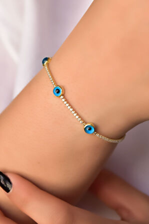 925 Ayar Gümüş Gold Kaplama Su Yolu Cam Göz Nazar Bileklik