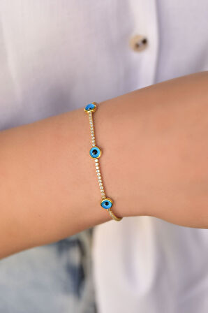 925 Ayar Gümüş Gold Kaplama Su Yolu Cam Göz Nazar Bileklik