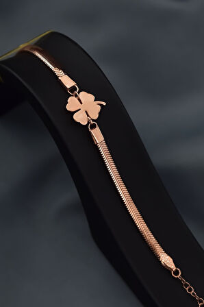 925 Ayar Gümüş Rose Kaplama Ezme Zincir Yonca Bileklik