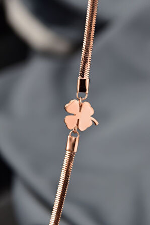 925 Ayar Gümüş Rose Kaplama Ezme Zincir Yonca Bileklik