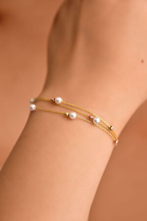 925 Ayar Gümüş Gold Kaplama Strest Atma Inci Toplu Sıralı Üç Renk Dorika Bileklik