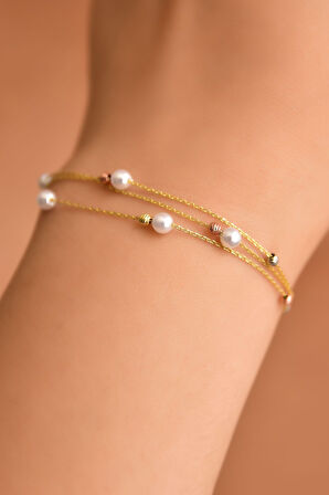 925 Ayar Gümüş Gold Kaplama Strest Atma Inci Toplu Sıralı Üç Renk Dorika Bileklik