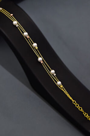 925 Ayar Gümüş Gold Kaplama Strest Atma Inci Toplu Sıralı Üç Renk Dorika Bileklik