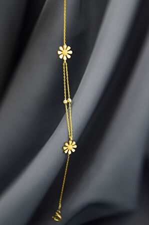 925 Ayar Gümüş Gold Kaplama Dorika Toplu, Mineli Papatya Bileklik