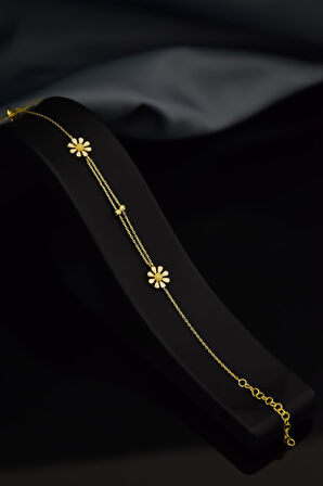 925 Ayar Gümüş Gold Kaplama Dorika Toplu, Mineli Papatya Bileklik