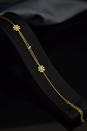 925 Ayar Gümüş Gold Kaplama Dorika Toplu, Mineli Papatya Bileklik